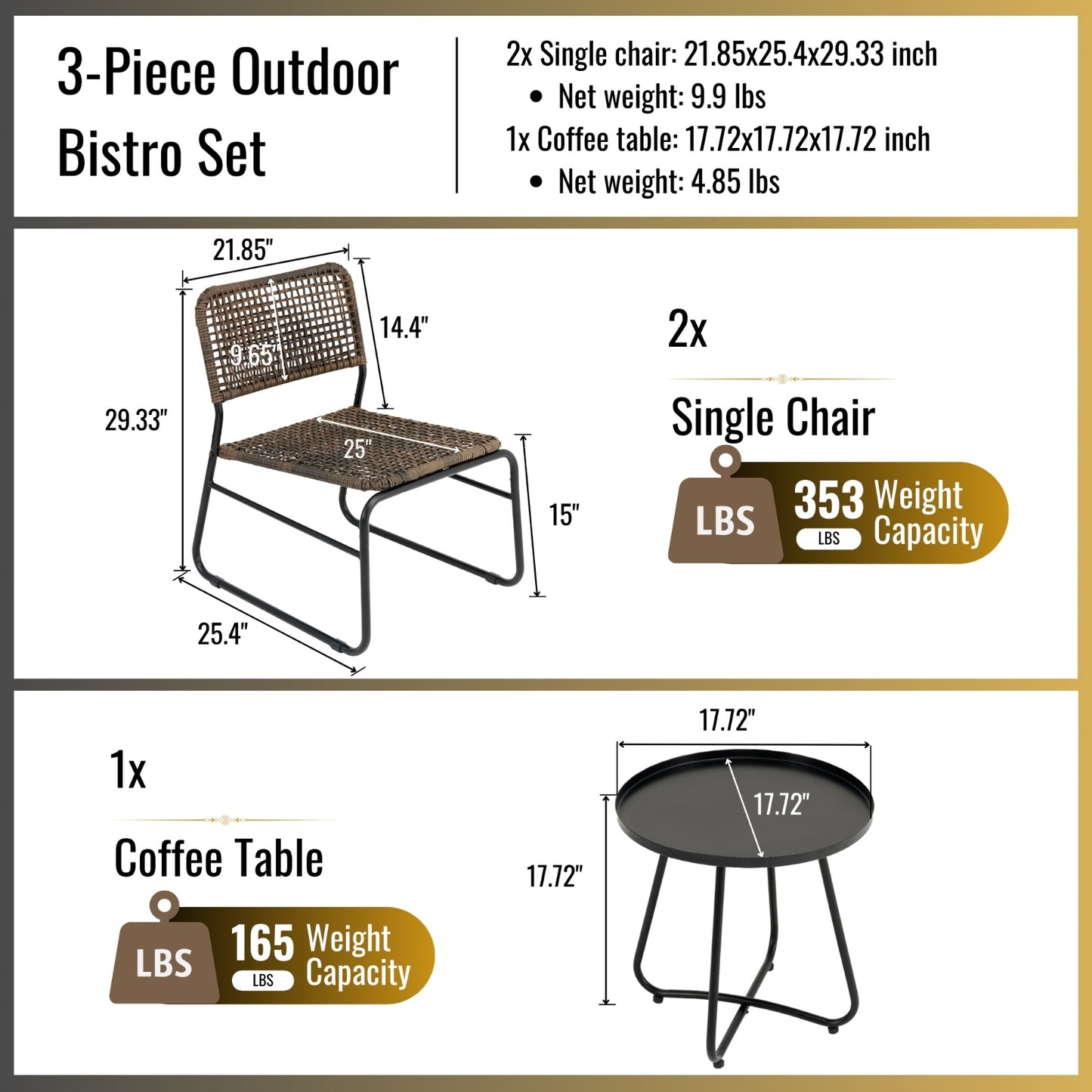 Black Brown Wicker 3-Piece Patio Set