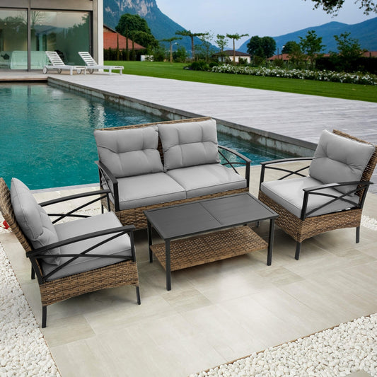 Gray 4-Piece Rattan Patio Sofa Set