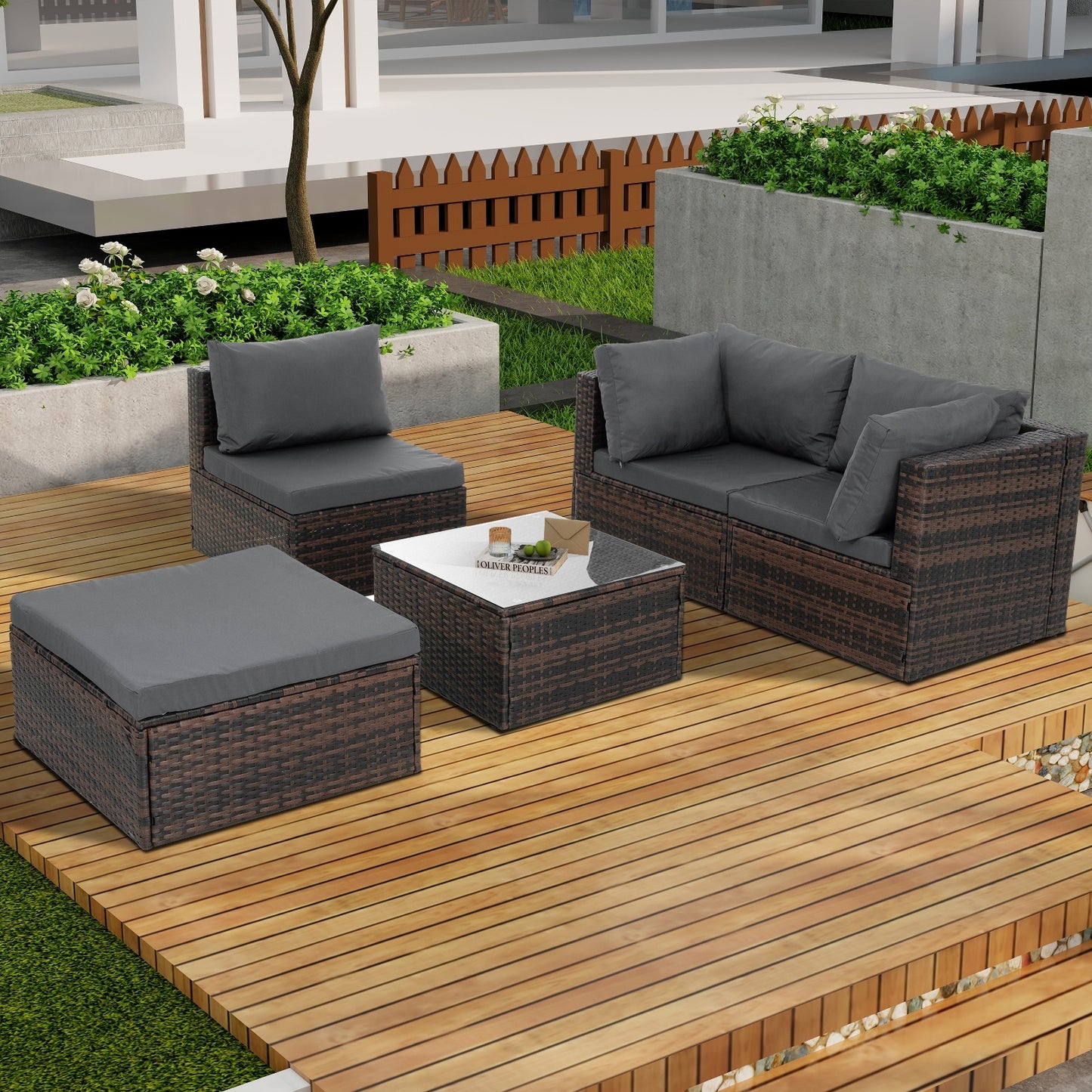 5-Piece Brown Wicker Patio Furniture Set