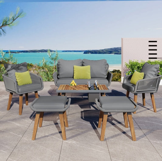 Grey 6-Piece Rope Patio Set with Table