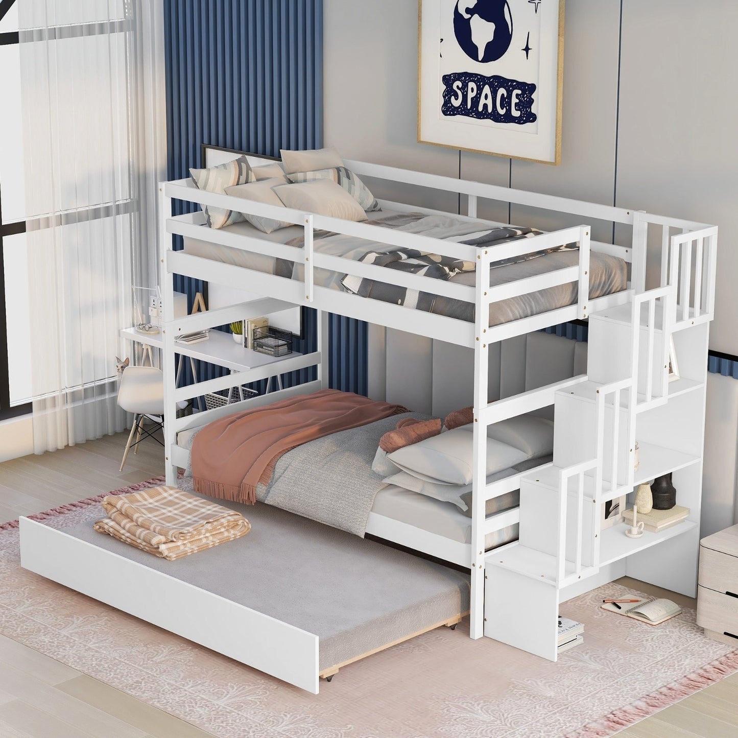 White Twin Bunk Bed with Trundle & Storage
