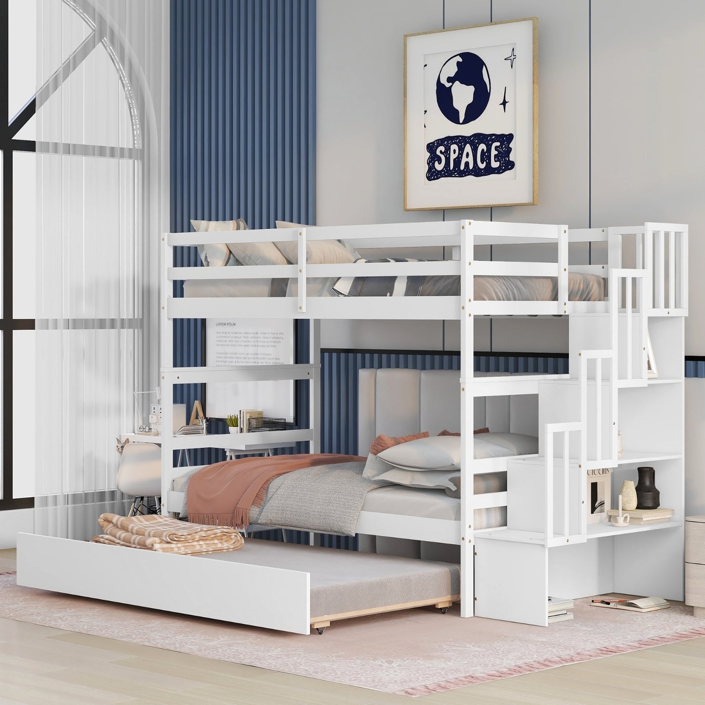 White Twin Bunk Bed with Trundle & Storage