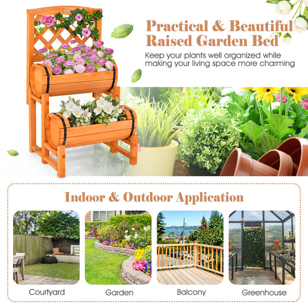 Orange 2-Tier Wooden Garden Bed with Trellis