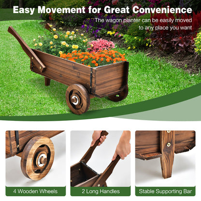 Rustic Brown Wooden Wagon Planter with Wheels
