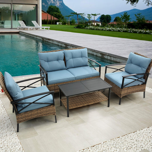 Blue 4-Piece Rattan Patio Sofa Set