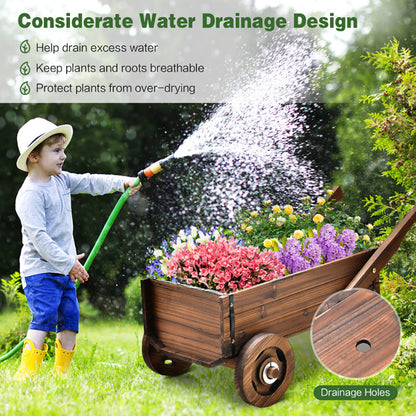 Rustic Brown Wooden Wagon Planter with Wheels
