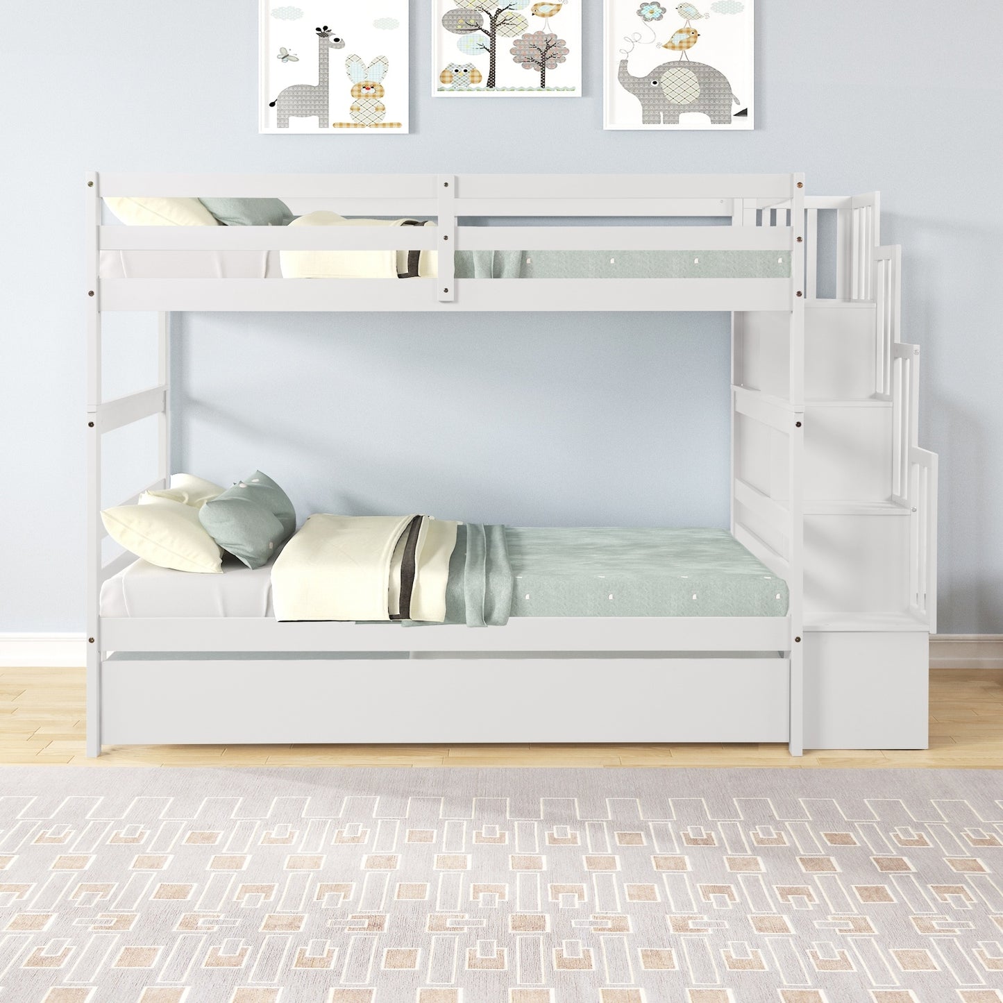 White Twin Bunk Bed with Trundle & Storage