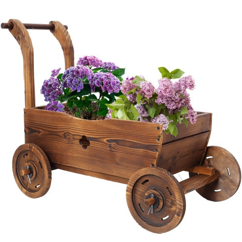 Brown Wooden Wagon Planter with Wheels