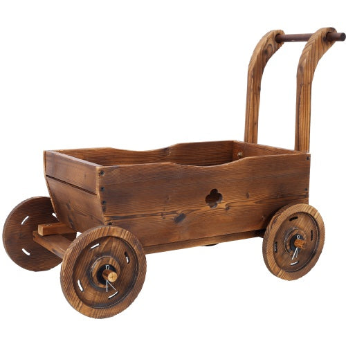 Brown Wooden Wagon Planter with Wheels