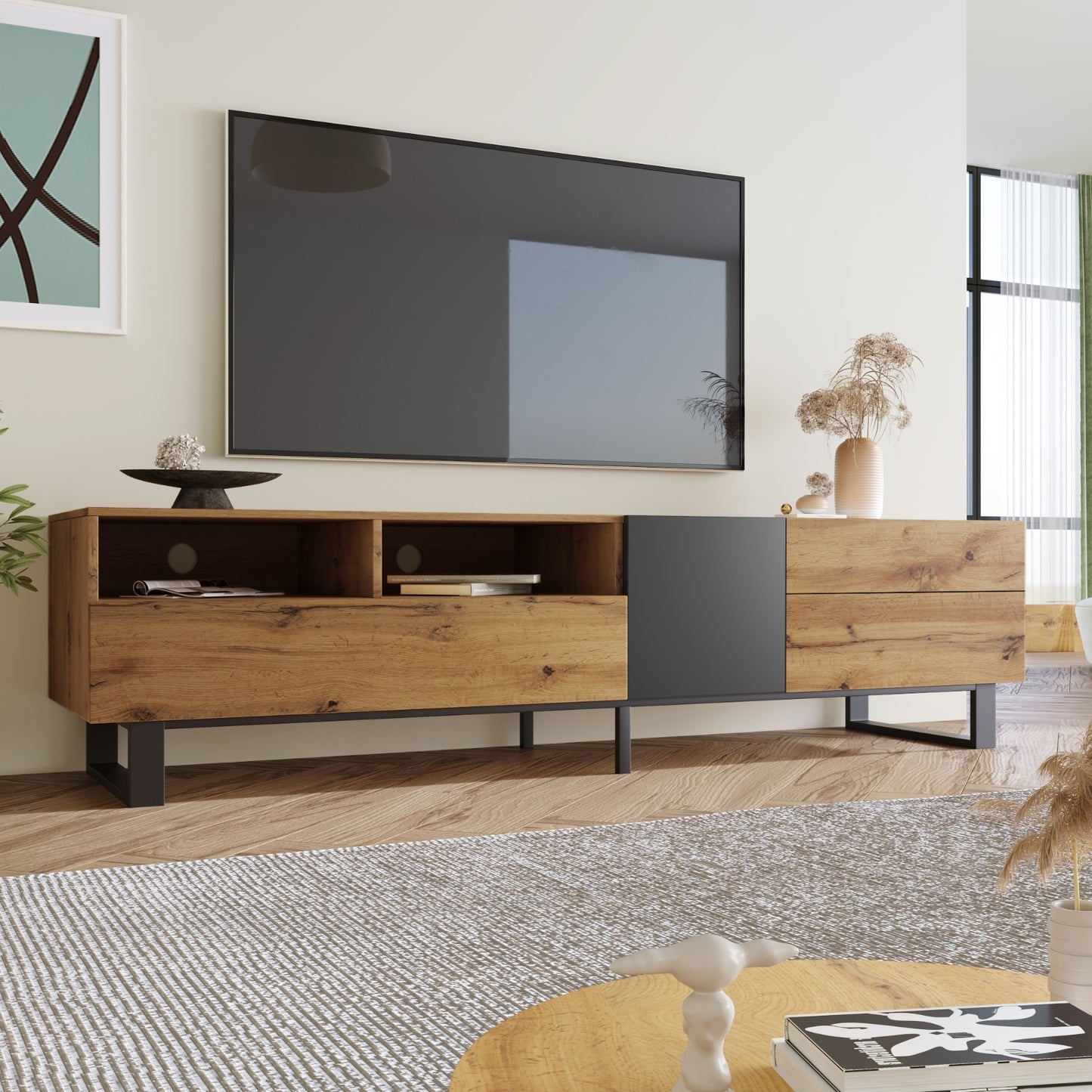 Wood Modern 80-Inch TV Stand with Storage