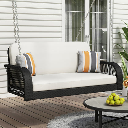Beige Black Wicker 2-Seater Porch Swing
