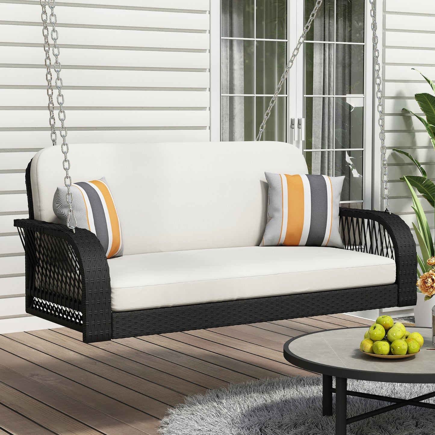Beige Black Wicker 2-Seater Porch Swing