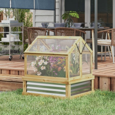 Natural Wood Raised Garden Bed with Greenhouse
