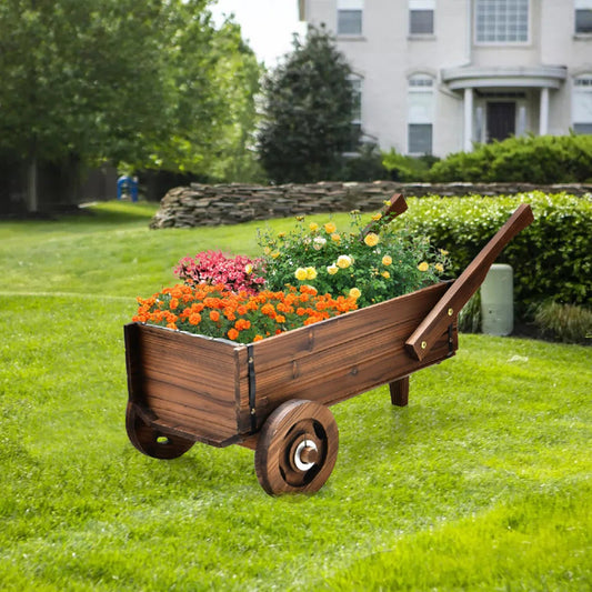 Rustic Brown Wooden Wagon Planter with Wheels
