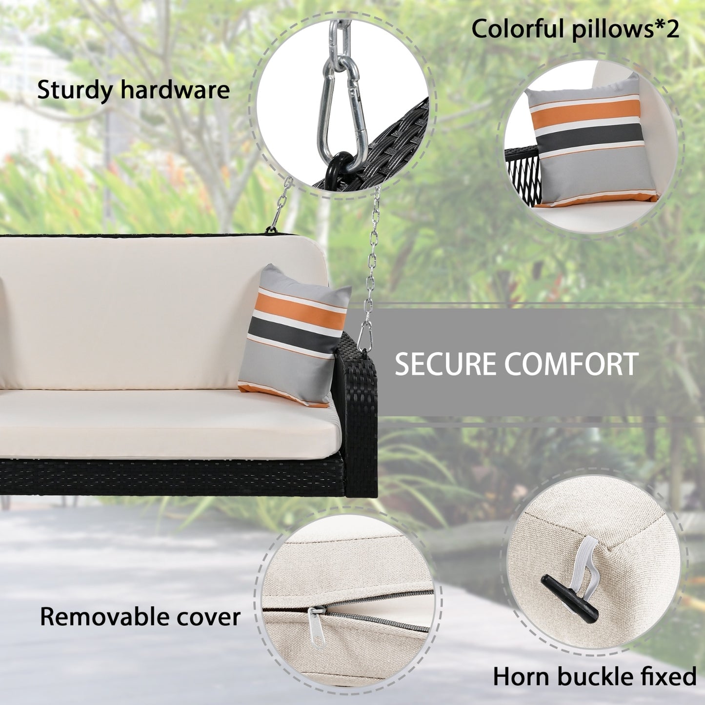 Beige Black Wicker 2-Seater Porch Swing