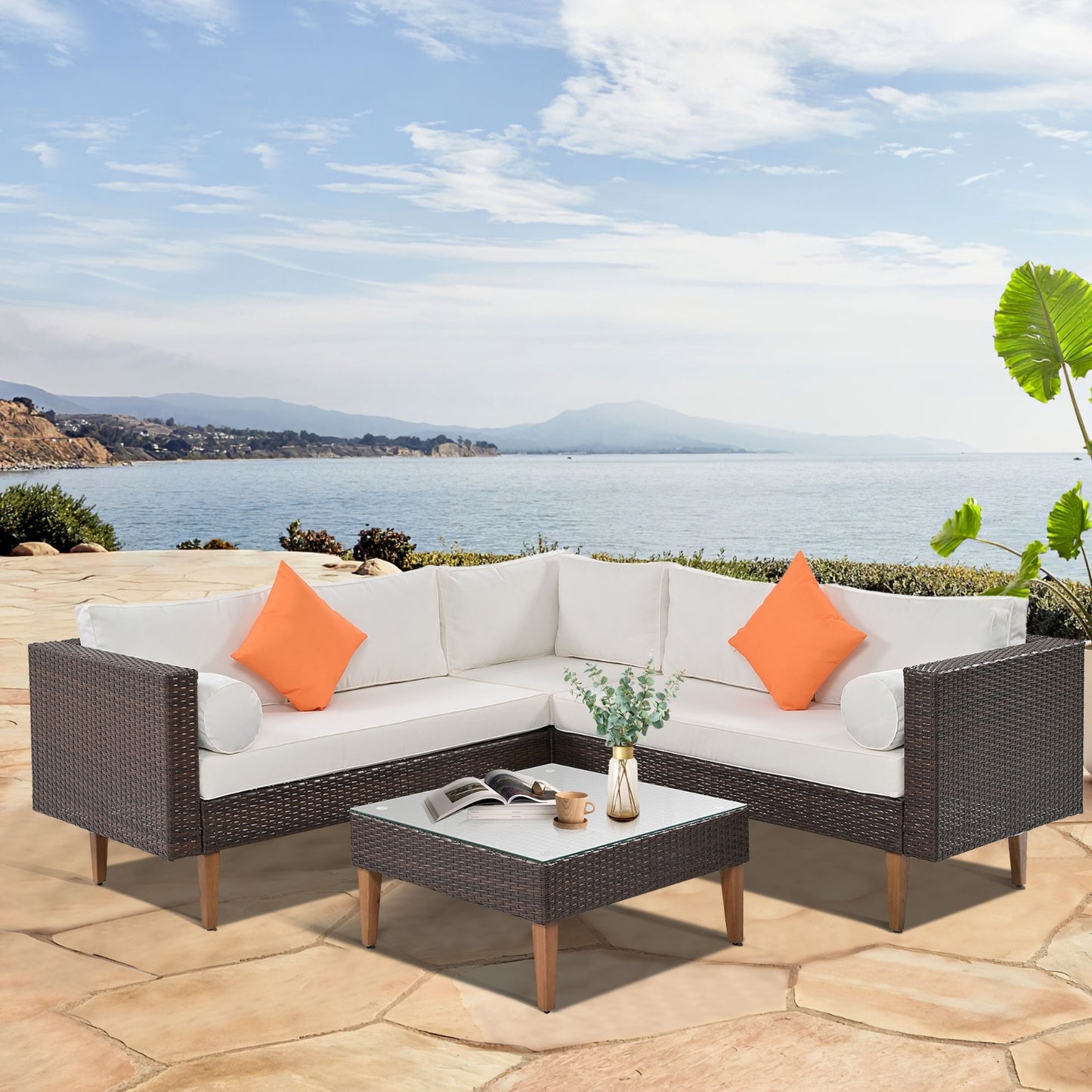 Beige Wicker 4-Piece L-Shape Sofa Set