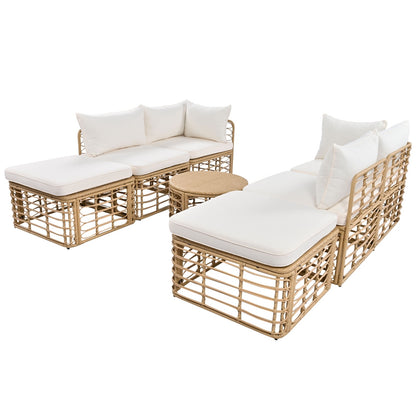 Beige Wicker 7-Piece Patio Sofa Set
