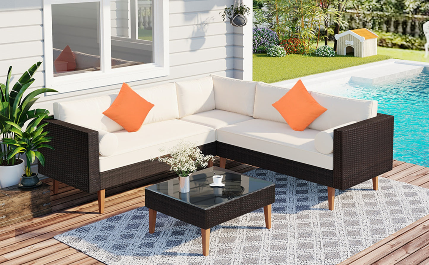 Beige Wicker 4-Piece L-Shape Sofa Set