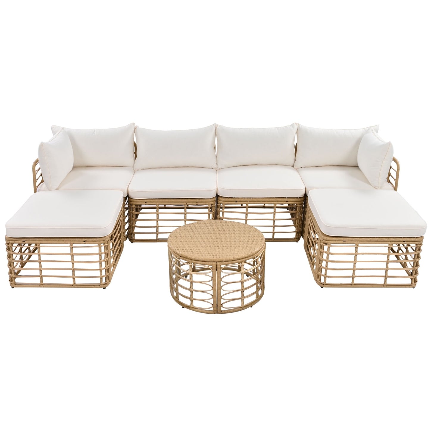 Beige Wicker 7-Piece Patio Sofa Set