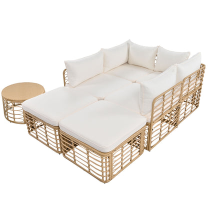 Beige Wicker 7-Piece Patio Sofa Set