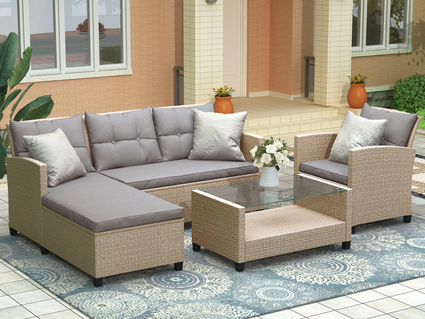 Beige Brown 4-Piece Rattan Patio Set