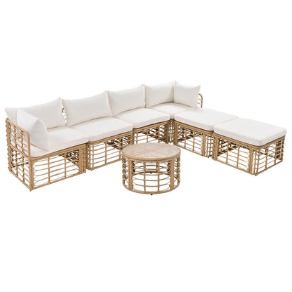 Beige Wicker 7-Piece Patio Sofa Set