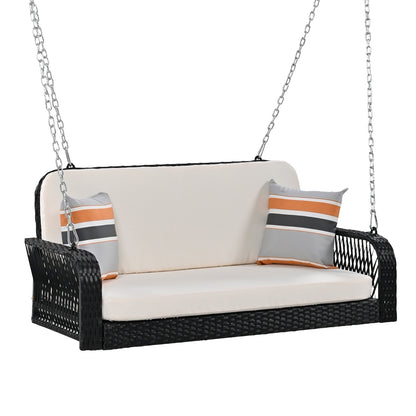 Beige Black Wicker 2-Seater Porch Swing