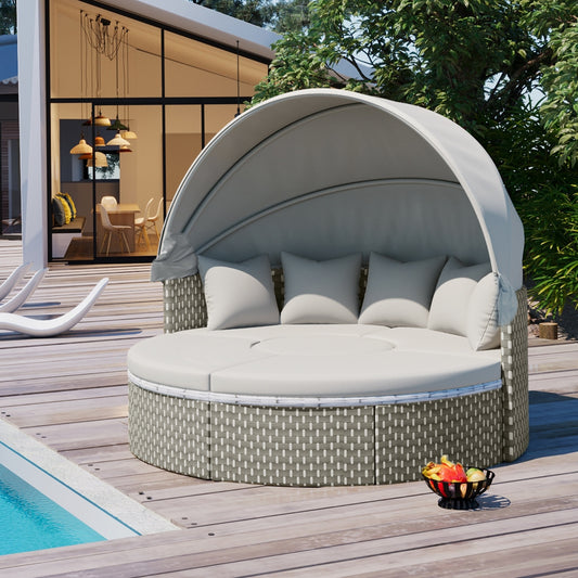 Gray Rattan Round Patio Daybed Set
