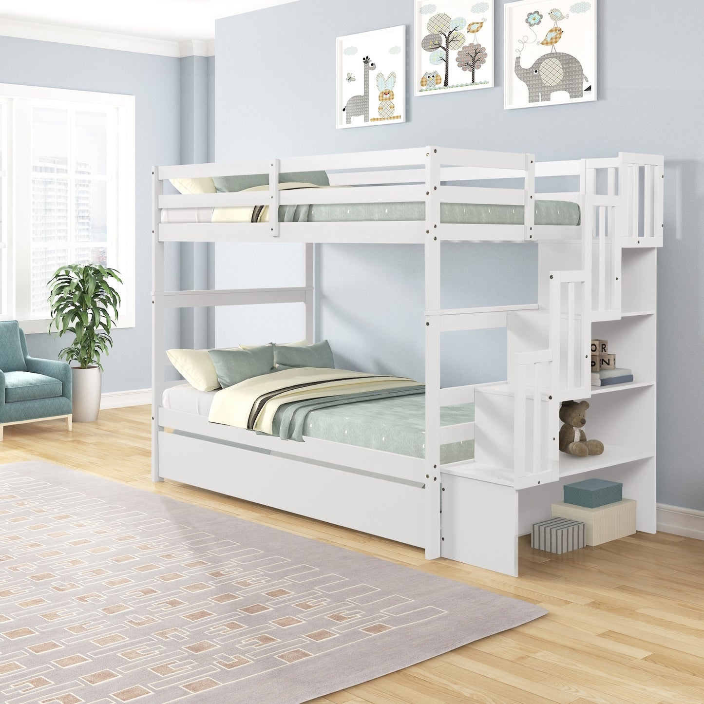 White Twin Bunk Bed with Trundle & Storage