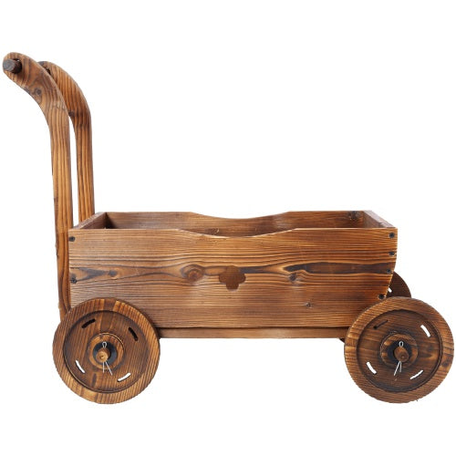 Brown Wooden Wagon Planter with Wheels
