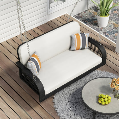Beige Black Wicker 2-Seater Porch Swing