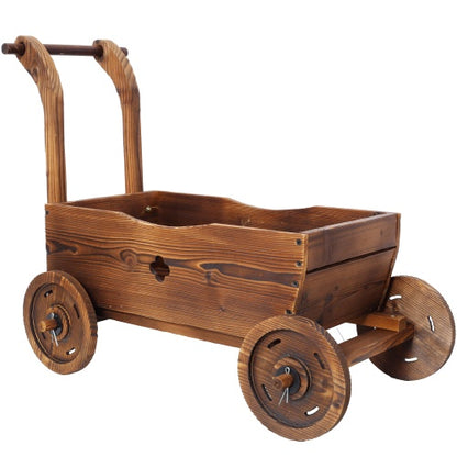 Brown Wooden Wagon Planter with Wheels