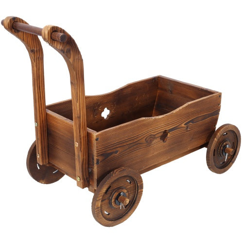 Brown Wooden Wagon Planter with Wheels