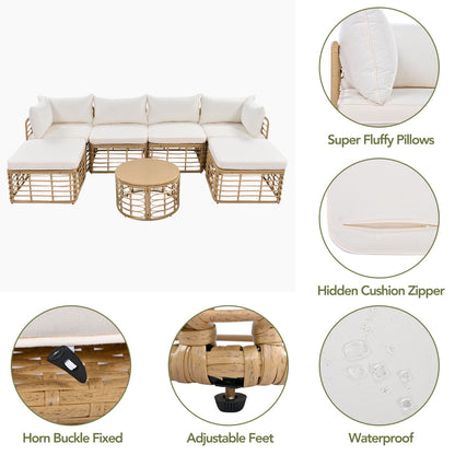 Beige Wicker 7-Piece Patio Sofa Set