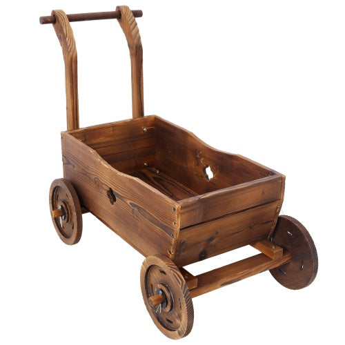 Brown Wooden Wagon Planter with Wheels