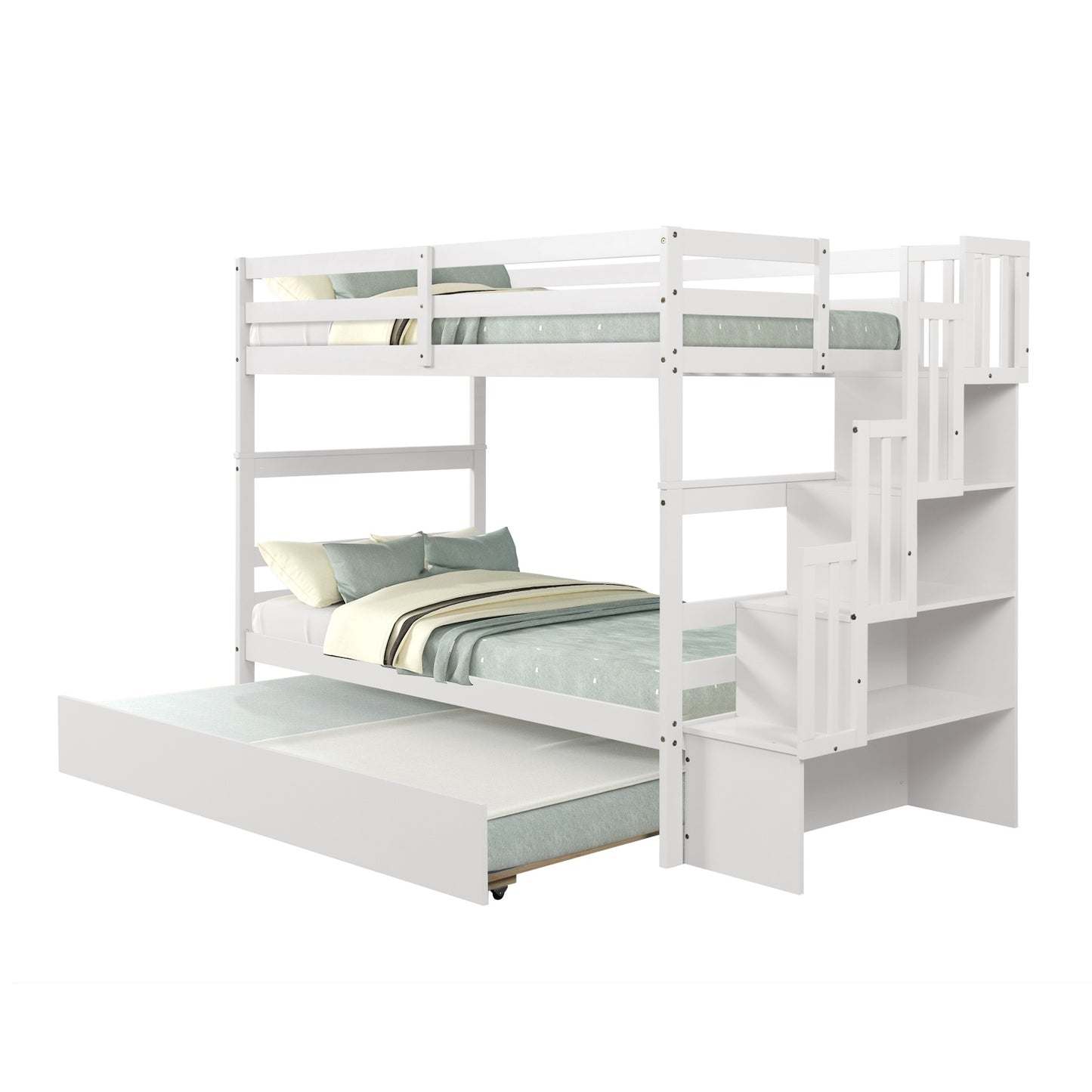 White Twin Bunk Bed with Trundle & Storage