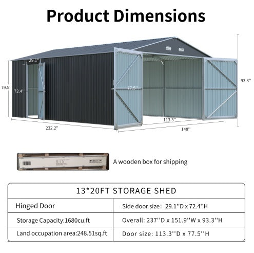 13x20FT Metal Storage Shed with Doors
