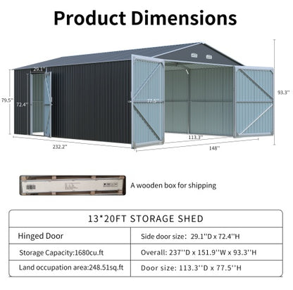 13x20FT Metal Storage Shed with Doors