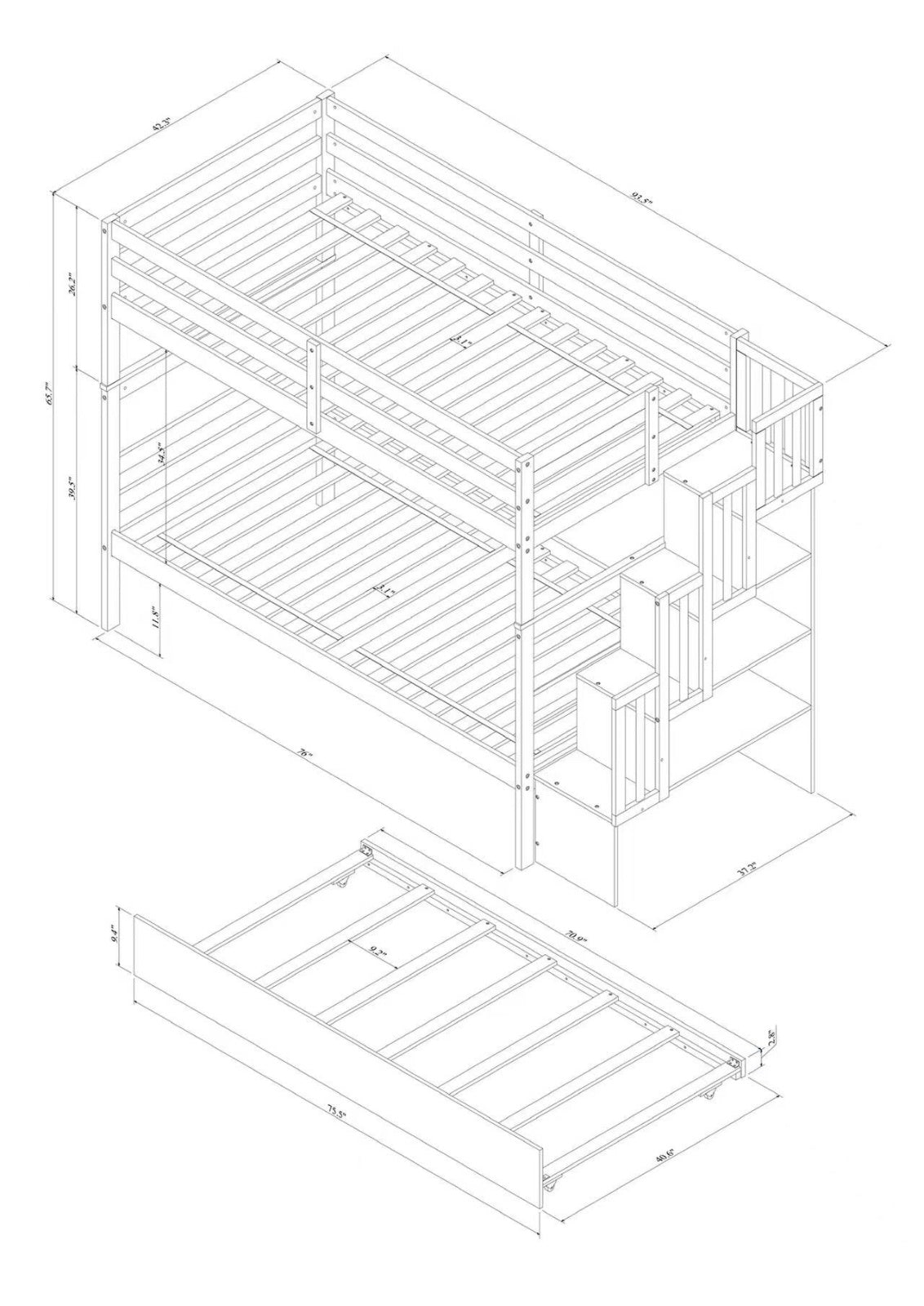 White Twin Bunk Bed with Trundle & Storage