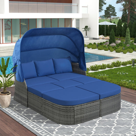 Blue Rattan Patio Daybed with Canopy