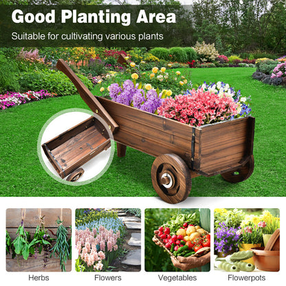Rustic Brown Wooden Wagon Planter with Wheels
