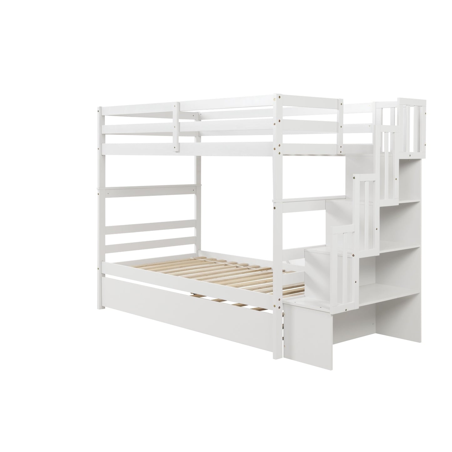 White Twin Bunk Bed with Trundle & Storage