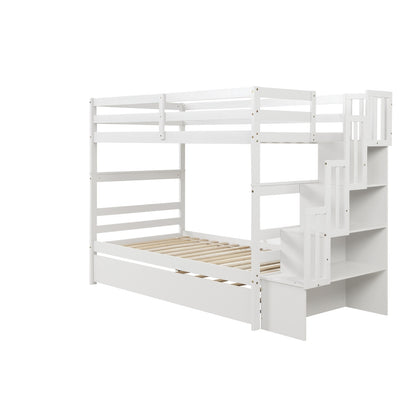 White Twin Bunk Bed with Trundle & Storage