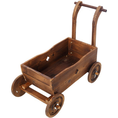 Brown Wooden Wagon Planter with Wheels