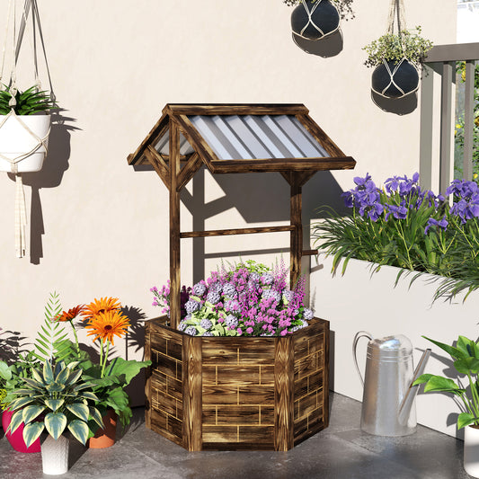 Tan Fir Wood Wishing Well Planter with Canopy