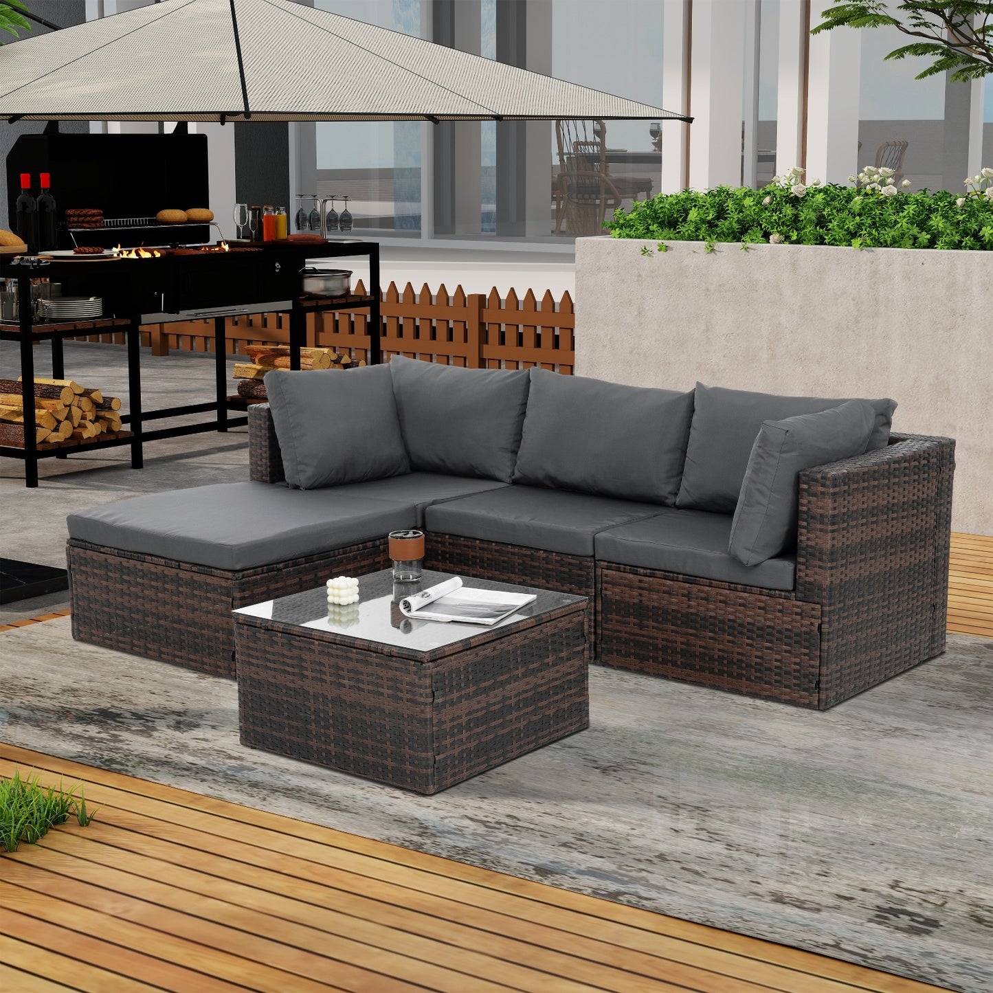 5-Piece Brown Wicker Patio Furniture Set