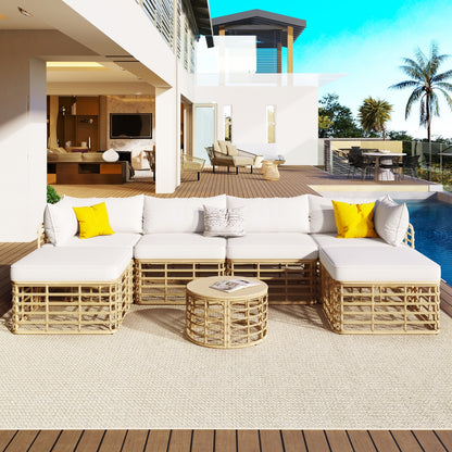 Beige Wicker 7-Piece Patio Sofa Set