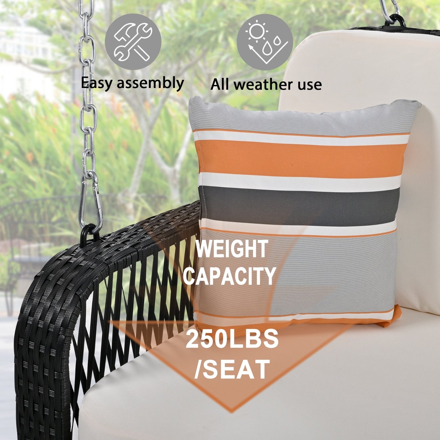 Beige Black Wicker 2-Seater Porch Swing